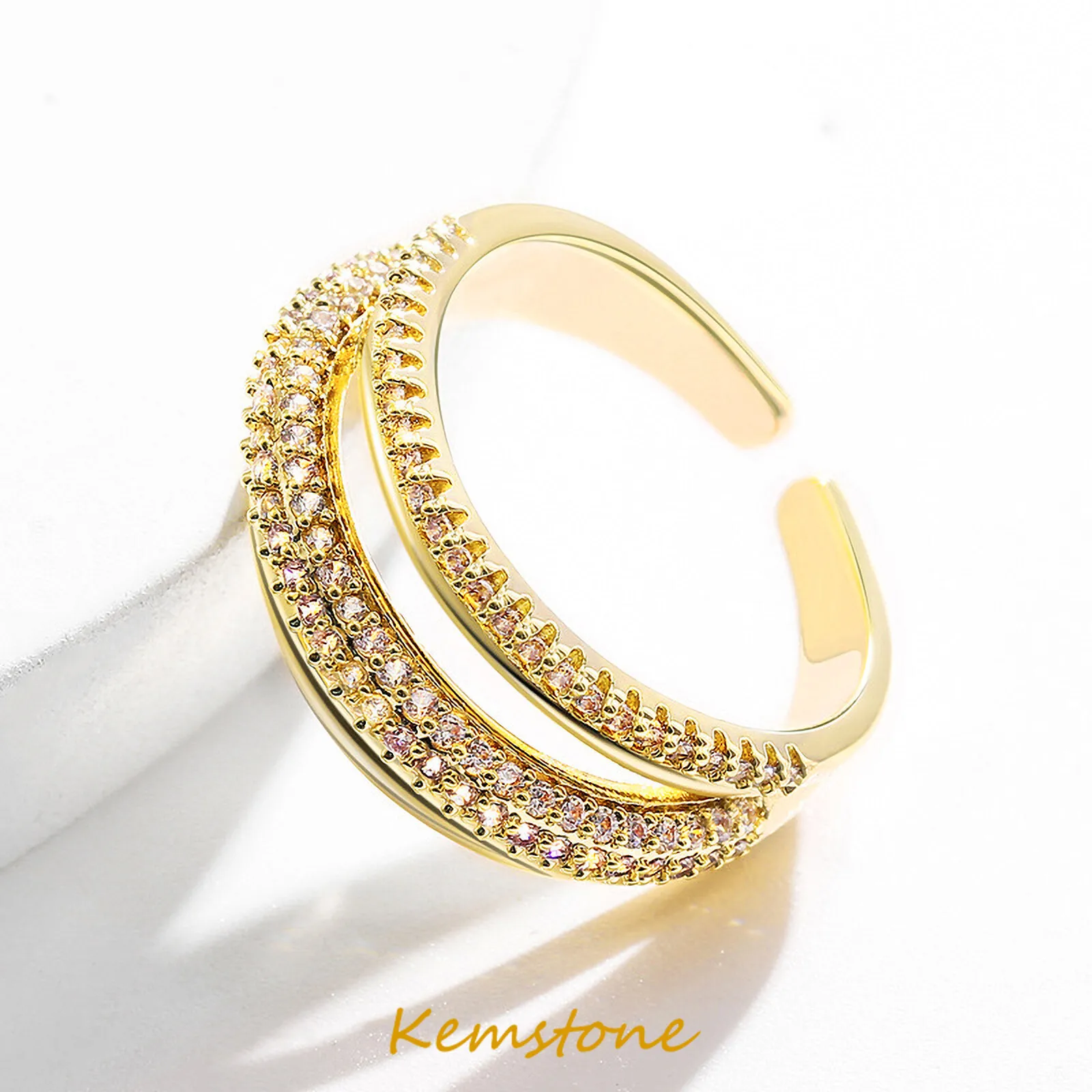 

Двухслойное позолоченное регулируемое кольцо с кристаллами от Kemstone, Женское кольцо-манжета, подарок для женщин, ювелирные изделия