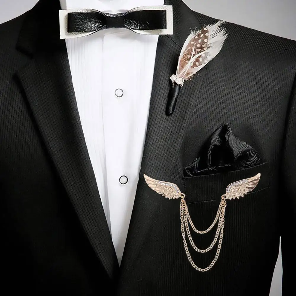 Взрослые мужчины сверкающие Броши Стразы двойные крылья Ангела кисточки цепь