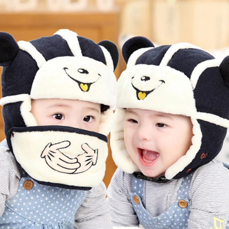 

Baby cap autumn and winter children cartoon with velvet thickening child warm ear protection windproof mask baby cap