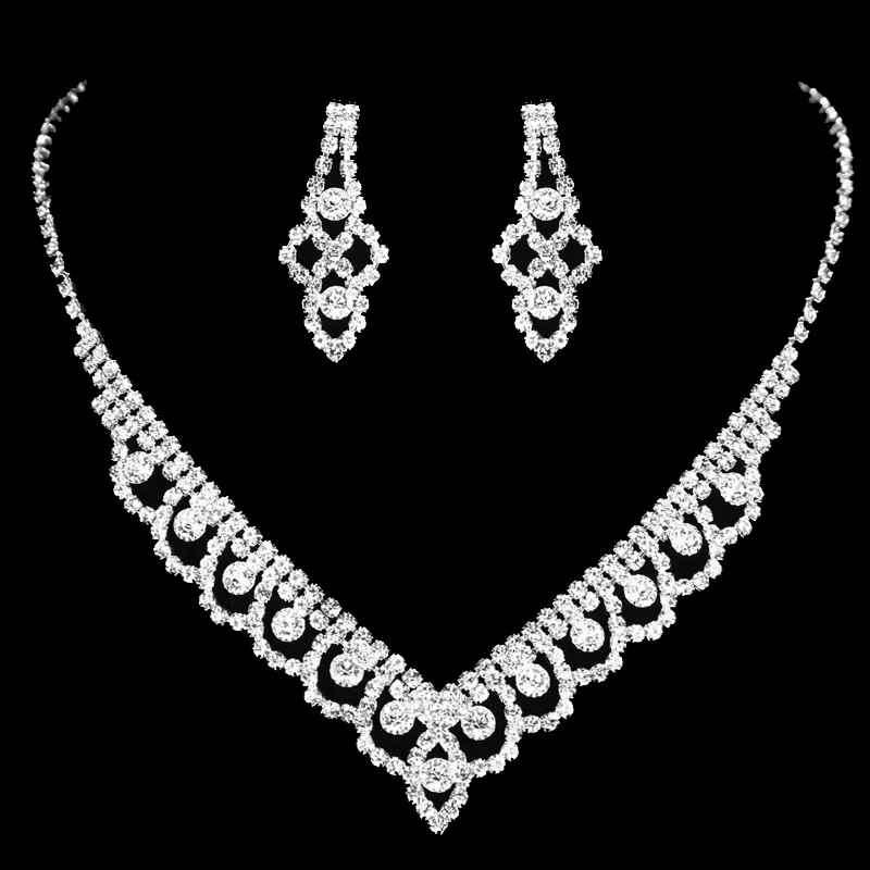 

CSHOU182 Popular Wedding Holiday Jewelry Hollow Rhinestone Flower Necklace Earring Earring Set Chain