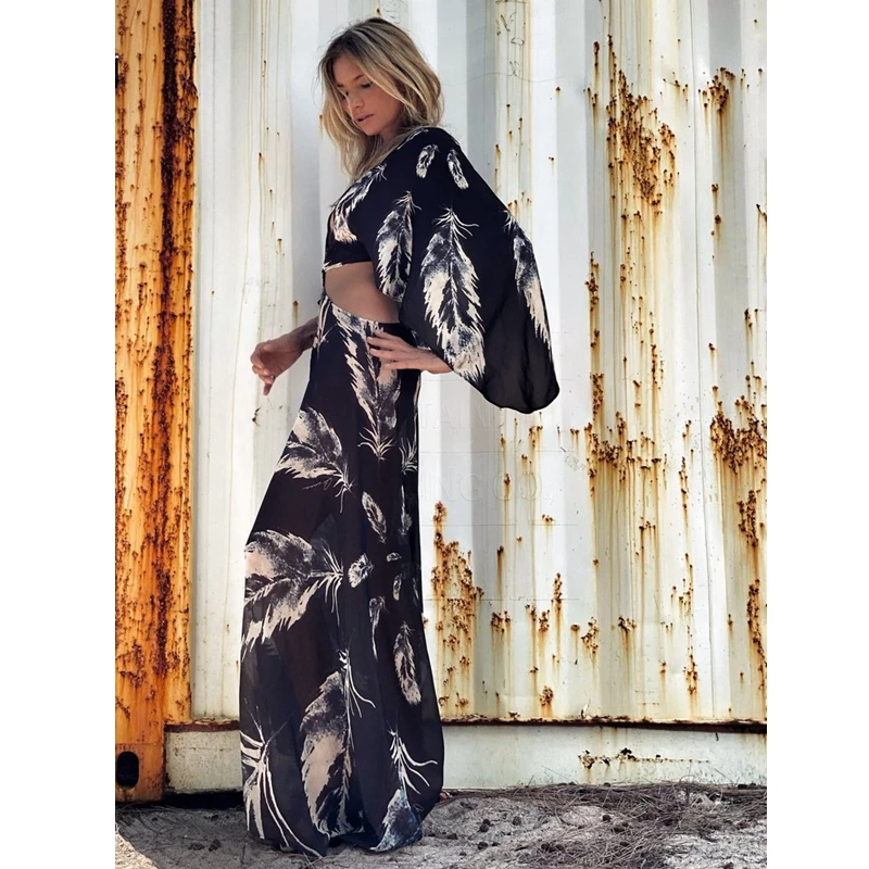

WEPBEL Dress Summer Sexy Floral Print Slim Dress Women's Fashion V-neck Hollow Out Backless Batwing Sleeve Dress