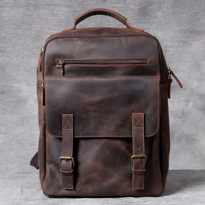 

New Retro Crazy Horse Leather Backpack Men Shoulder Bag Laptop Backpack Male Schoolbag Travel Bag Handmade First Layer Cowhide