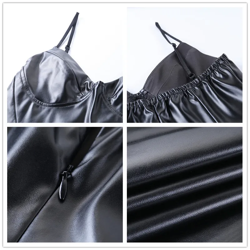 Женское платье на бретельках Fuedage черное облегающее из искусственной кожи с v