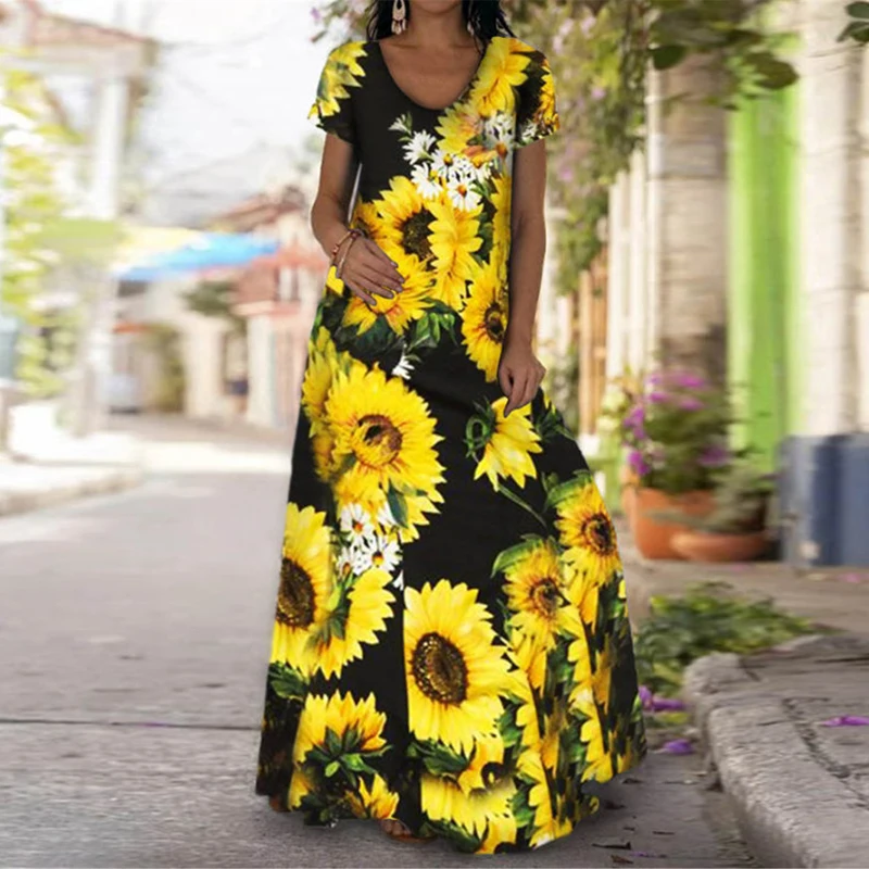 Платье женское длинное с цветочным принтом свободный пляжный сарафан V-образным