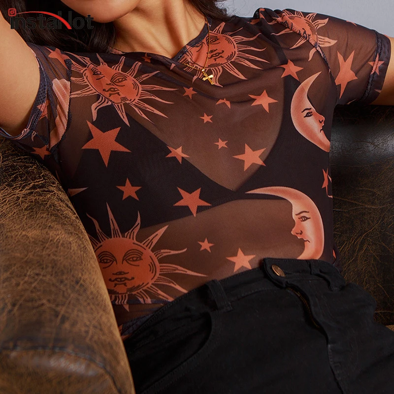 Футболка женская прозрачная с принтом Луны и солнца пикантный прозрачный