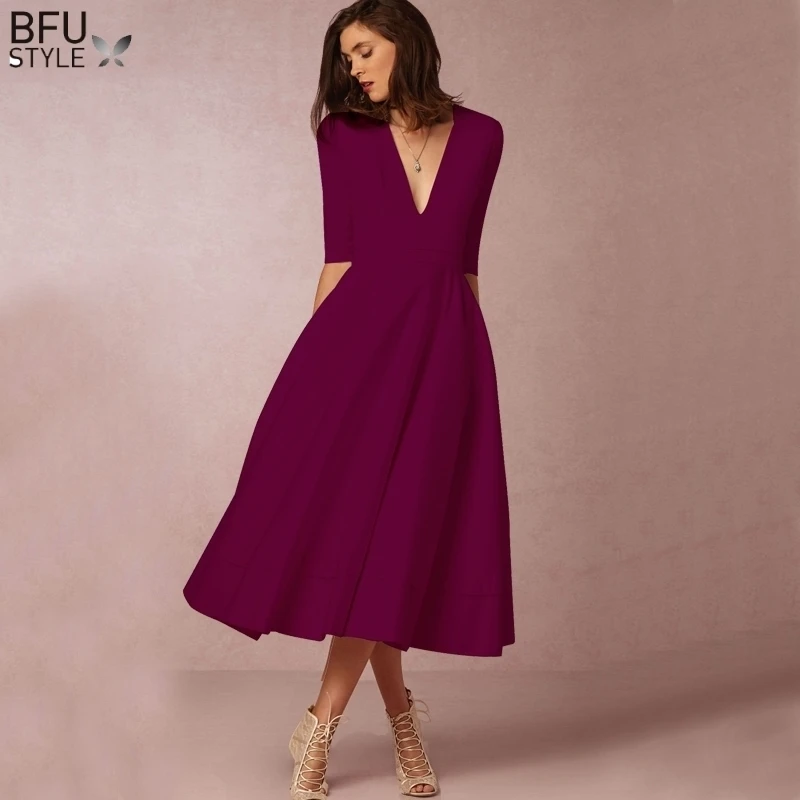 Blauw винтажное V hals knielange Jurk 2019 Zomer Mode Half Mouw Elegante A lijn Vestidos Avond вечерние платья миди