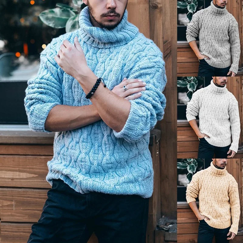 

E-BAIHUI Sweater Male Turtleneck Solid Jacquard Pullover Needle Long Sleeve Slim Fit Clothes Knitted Warm Winter Thick Knitwear
