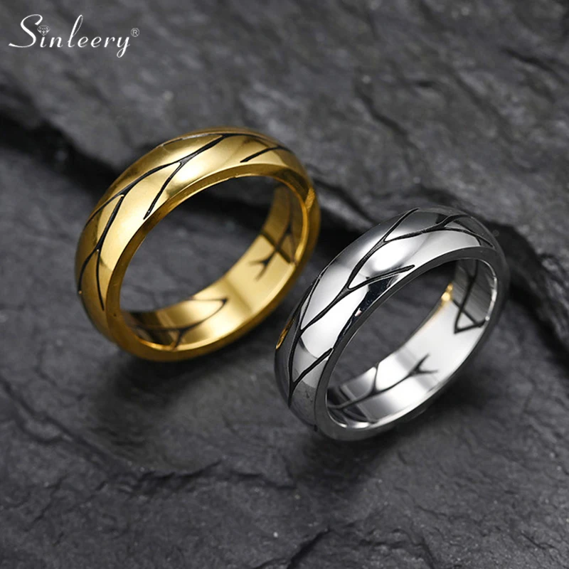 

SINLEERY Vintage Stainless Steel Rings Cracked Pattern Ring for Men Women Gold silver color Couple Fashion Jewelry JZ226 SSK