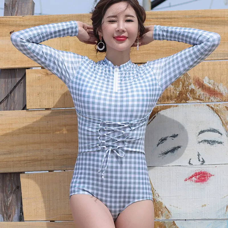 Женский винтажный Цельный купальник с длинным рукавом Солнцезащитный Рашгард UPF