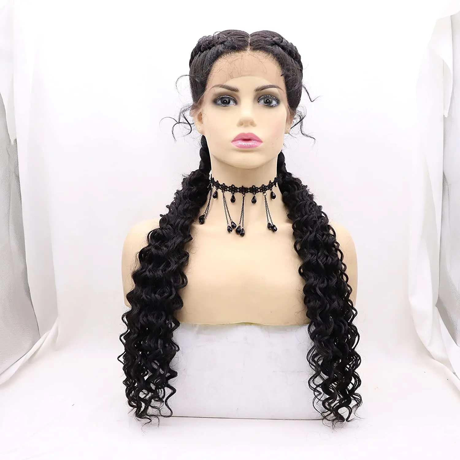 Sylvia Black Color Double Braids Loose Curly Synthetic Lace Front Wigs with Baby Hair 30 Inches for Women Braiding Wig