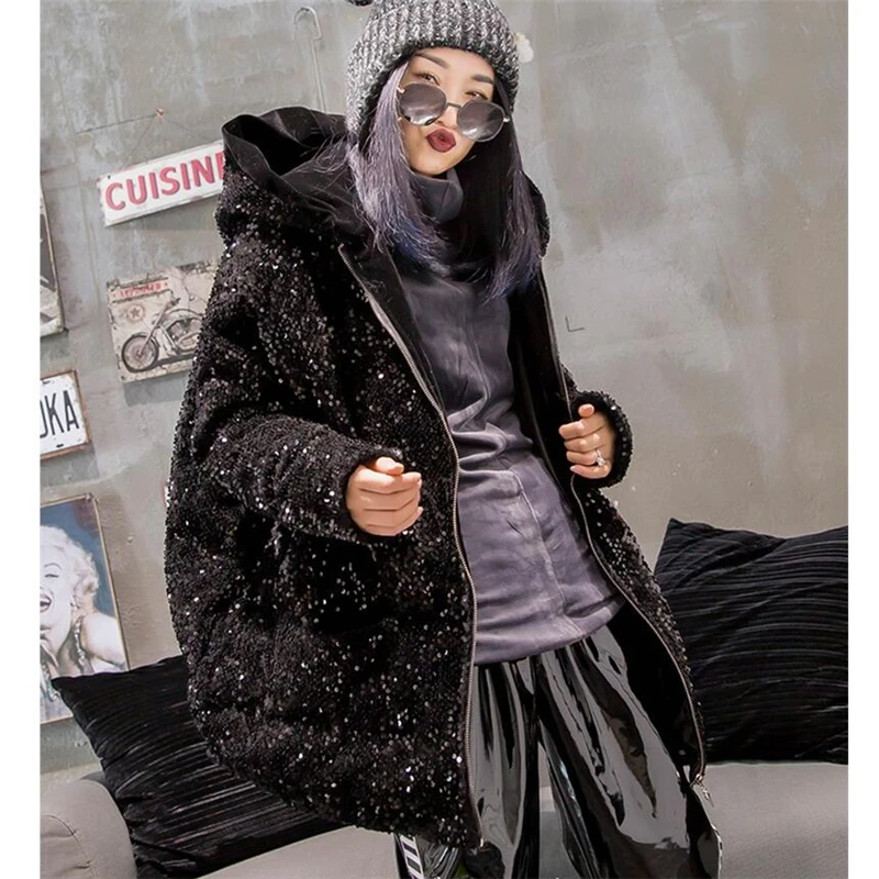 Модная зимняя куртка женская парка с капюшоном уличная блестками на хлопковой