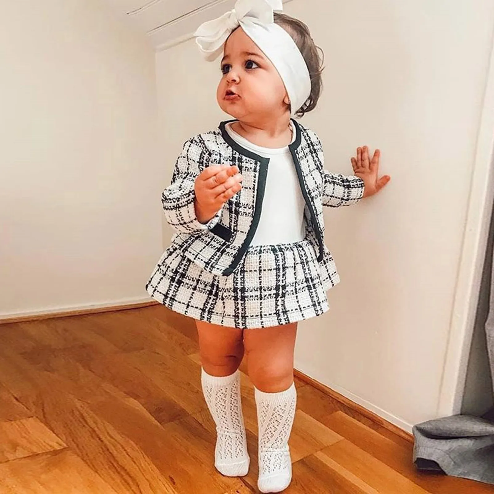 

Осенне-зимняя одежда для маленьких девочек, однотонный вязаный пуловер с круглым вырезом, топы, клетчатое мини-платье, комплект одежды для н...