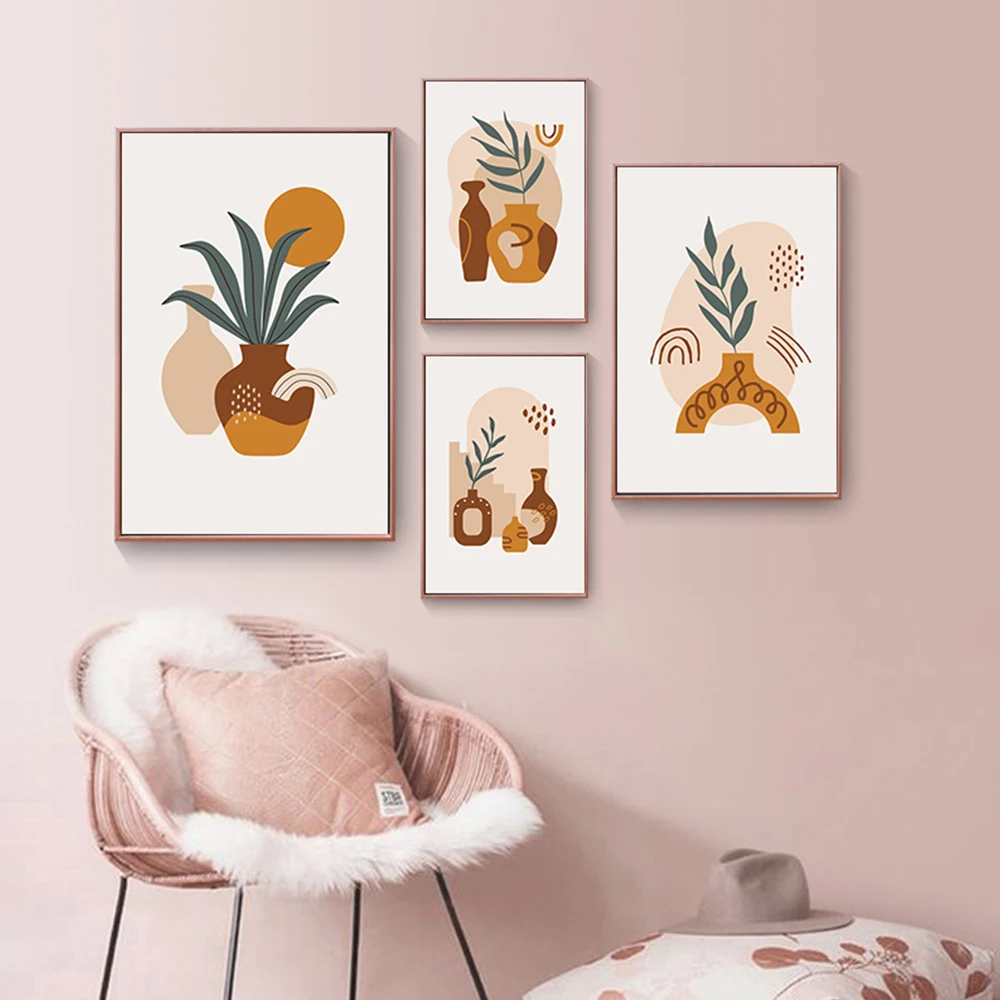 

Boho Minimalist Nordic Style Vintage Print Wall Art Canvas Painting Abstract Plants leaves Poster Pictures for Living Room Decor