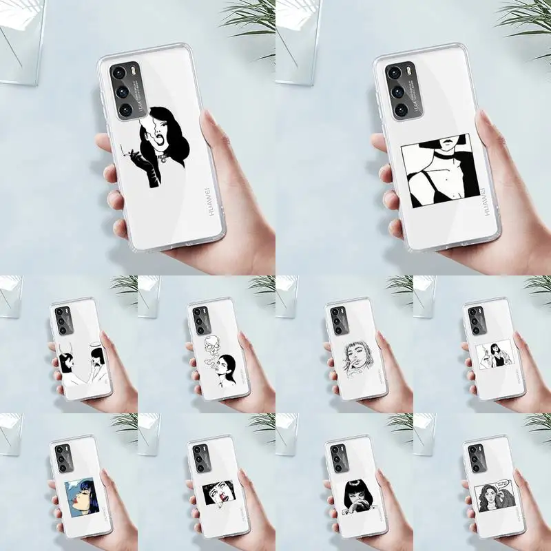 

Cool smoking heartbreaker girl Phone Case Transparent For Huawei MATE P 40 30 20 10 pro plus lite X 5G Soft TPU Clear bags