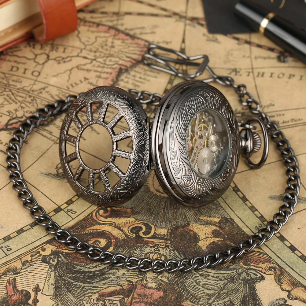 

Antique Luxury Skeleton Mechanical Pocket Watch Roman Numerals Clock Steampunk Fob Pendant Watches Chain Gifts Reloj De Bolsillo
