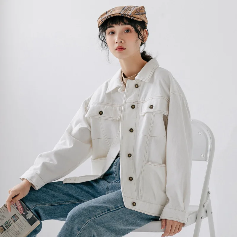 Куртка женская джинсовая короткая однотонная белая куртка из 100% хлопка в