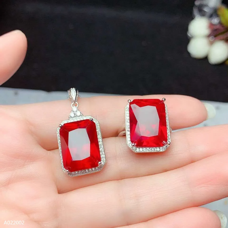 

KJJEAXCMY boutique jewelry 925 sterling silver inlaid red corundum gemstone female pendant ring 2 piece set geometric support de