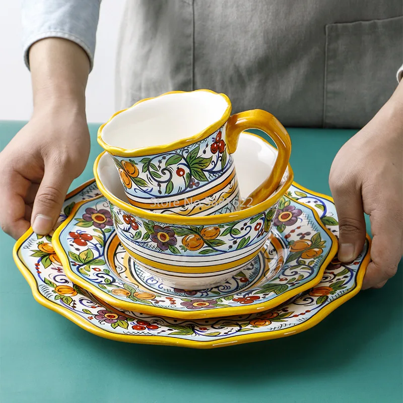 

Hand Painted Underglaze Color Craft Ceramics Plate Yellow Microwave Oven Available Tableware Plate Cup Bowl Combination