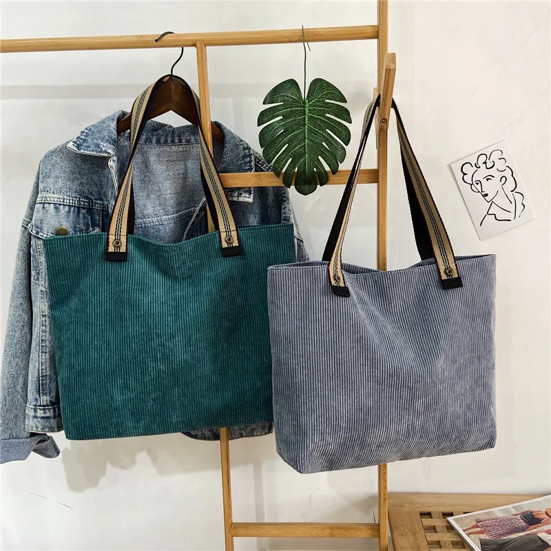 

Women Corduroy Tote Woven Cotton Straps Canvas Bag Striped Cloth Handbag Casual Shoulder Bags Ladies Zipper Purse Eco Books Bag