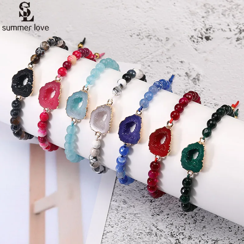2021 New Colorful Natural Stone Strand Bracelet for Women Adjustable String Resin Druzy Beaded Bracelets Fashion Jewelry Gifts | Украшения