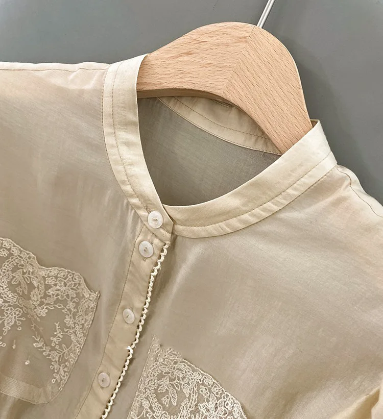 

Retro Shirt Women 2021 Spring Summer Design Shirt Fashion Stand Up Collar Tencel Cotton Top Blouses