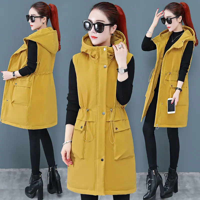 

Female Hooded Sleeveless Jacket Korean Winter Warm Parkas Plus Size Slim Long Vest Jackets Solid Casual Womens Waistcoat Coat