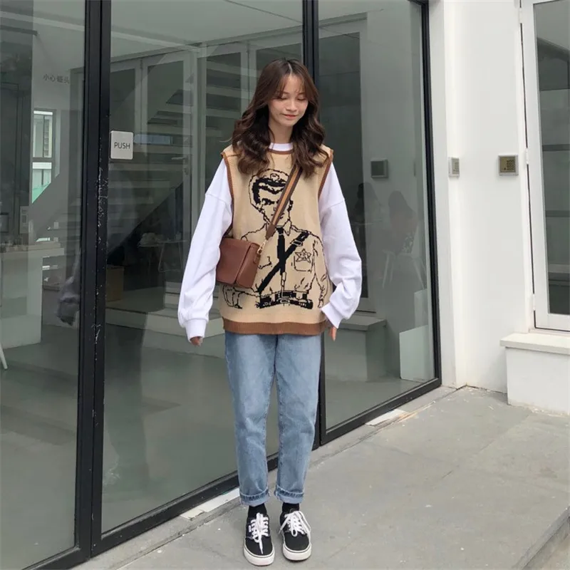 Vintage Cartoon Printed Knitted Sweater Vest Casual Sleeveless Loose Pullover Tank Tops Female Oversized Pullovers Femme