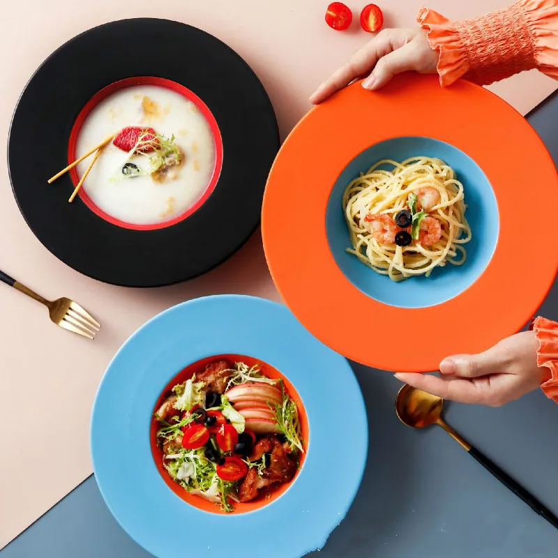 

3 Styles Contrasting Northern Tableware Straw Hat Shape Plate Creative Exquisite Ceramic Crafts Western Noodles Dinner Plates