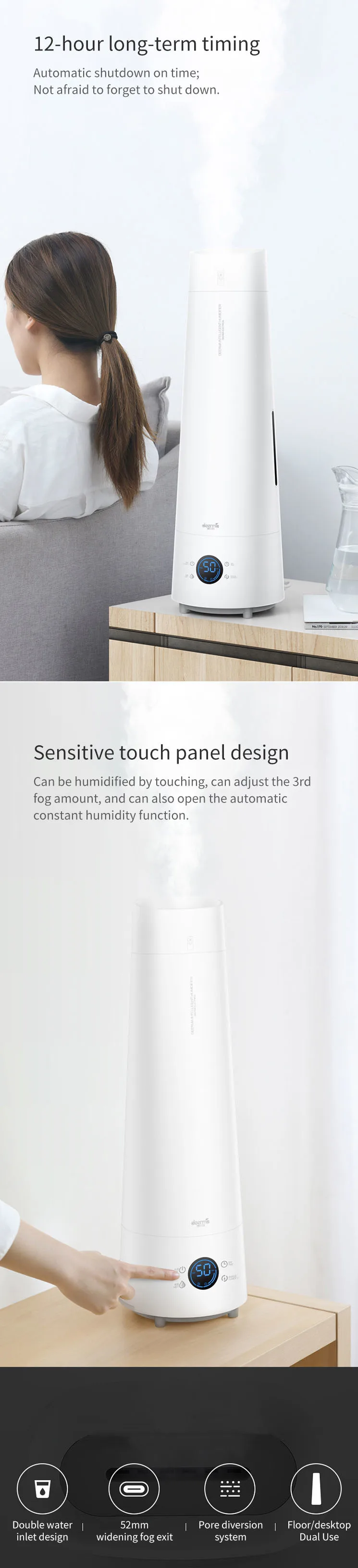 XIAOMI Deerma 25 W/4L умный увлажнитель воздуха с сенсорным экраном, стоящий увлажнитель воздуха 12H с регулируемой влажностью и пультом дистанционного управления