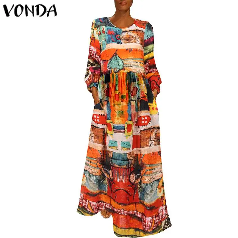 VONDA 2019 летнее платье макси с принтом женский сарафан винтажный стиль круглый