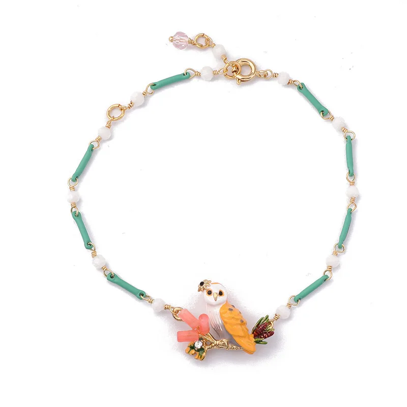 

Enamel Owl Bracelet Bamboo Link Chain Bangel for Women's Crystal Fine Jewelry Pulseras Mujer