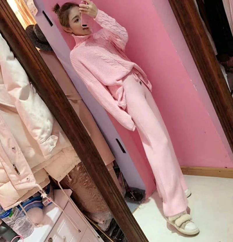 

2021 Winter Two Piece Sets Women Homewear Spring Knitted Soft Casual Solid Loose Hooded Tops And Wide Leg Pants Suit