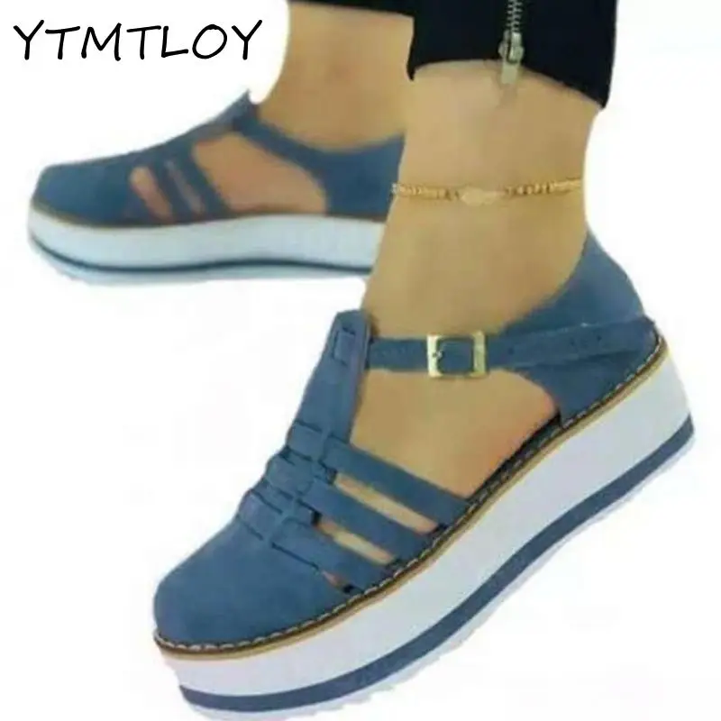 Thick-soled 2021 New Women's Shoes Solid Wedge Sandals Buckle Casual | Обувь