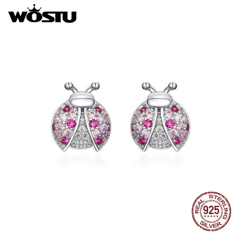 WOSTU 925 пробы серебро Божья коровка розовый циркон серьги-клипс серебро 925 ювелирные изделия для женщин Свадебные серьги, ювелирные изделия CQE715