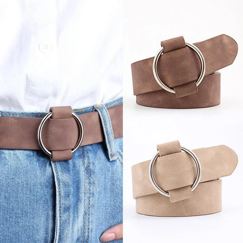 

Women Leather Belt Fashion Round Metal Buckle Female Leisure Dress Jeans Wild Without Pin Strap All-match Lady Adjustable Belts