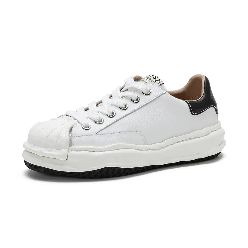 

Real Learher Thick-soled Shell-toe Shoes Cowhide Women's Lace-up Retro Casual Sneakers White Shoes 2021 New Spring Flat Platform