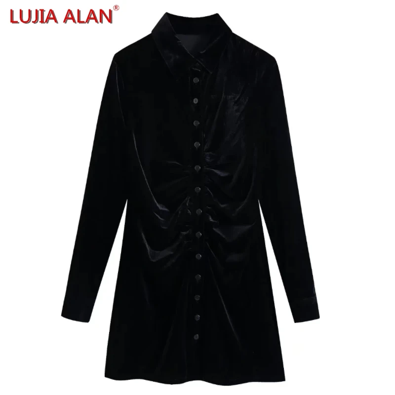 

LUJIA ALAN Women Black Velvet Pleat Slim Shirt Dress Summer Female Long Sleeve Mini Vestidos D9293