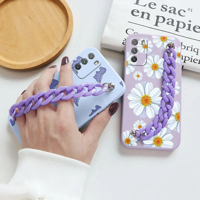 for xiaomi poco m3 case wrist chain love heart flower tpu cover for xiomi poco m3 pocom3 m 3 6 53 protective phone case bumper free global shipping