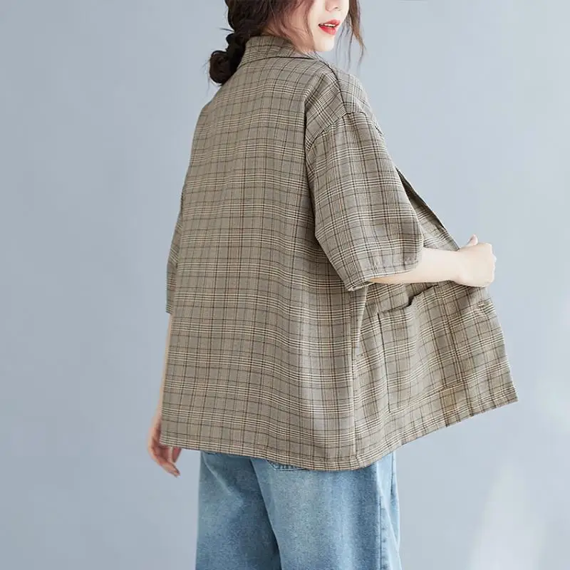 Женский клетчатый Блейзер оверсайз повседневная куртка с коротким рукавом на