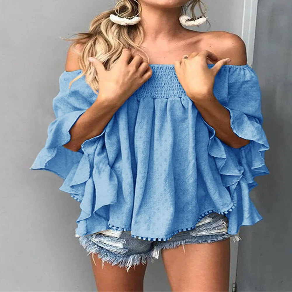 

Women's Printed Off-Shoulder Top Flared Flared Sleeve Blouse SummerOne-Shoulder Fashion Brand Top