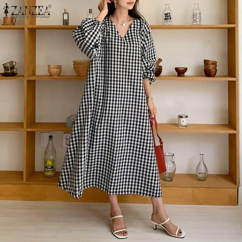 

Женское клетчатое платье в клетку, модное Повседневное платье с V-образным вырезом, женские платья-трапеции большого размера с длинным рука...
