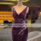 Женское атласное платье с юбкой-годе, фиолетовое вечернее платье с V-образным вырезом и юбкой-годе для гостей на свадьбе и выпускном, Дубай, 2021