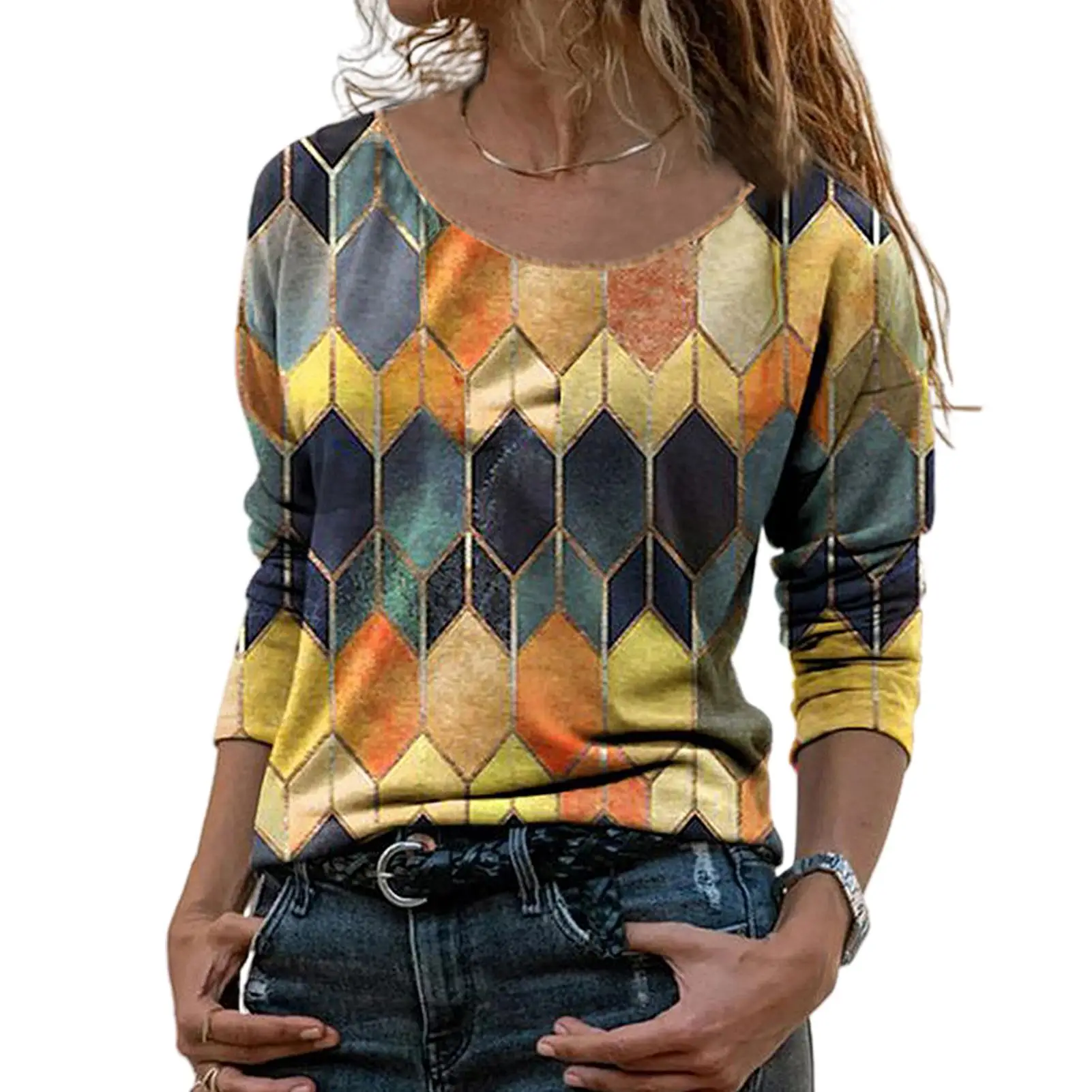 Vintage Women Blouse Cotton Blends Long Sleeve O Neck Geometric Hexagon Print shirt Blouse Top Street wear ropa de mujer 2021