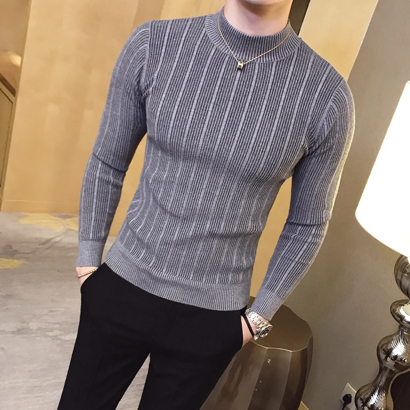 New Pullover Men's Sweater Casual Striped Solid Color Sweater Men's Half-High Collar Stretch Tight Sweater Slim Knit Top S-3XL