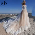 Роскошное кружевное свадебное платье с аппликацией и длинным рукавом 2020 романтичное Свадебное Платье трапециевидного силуэта цвета шампанского
