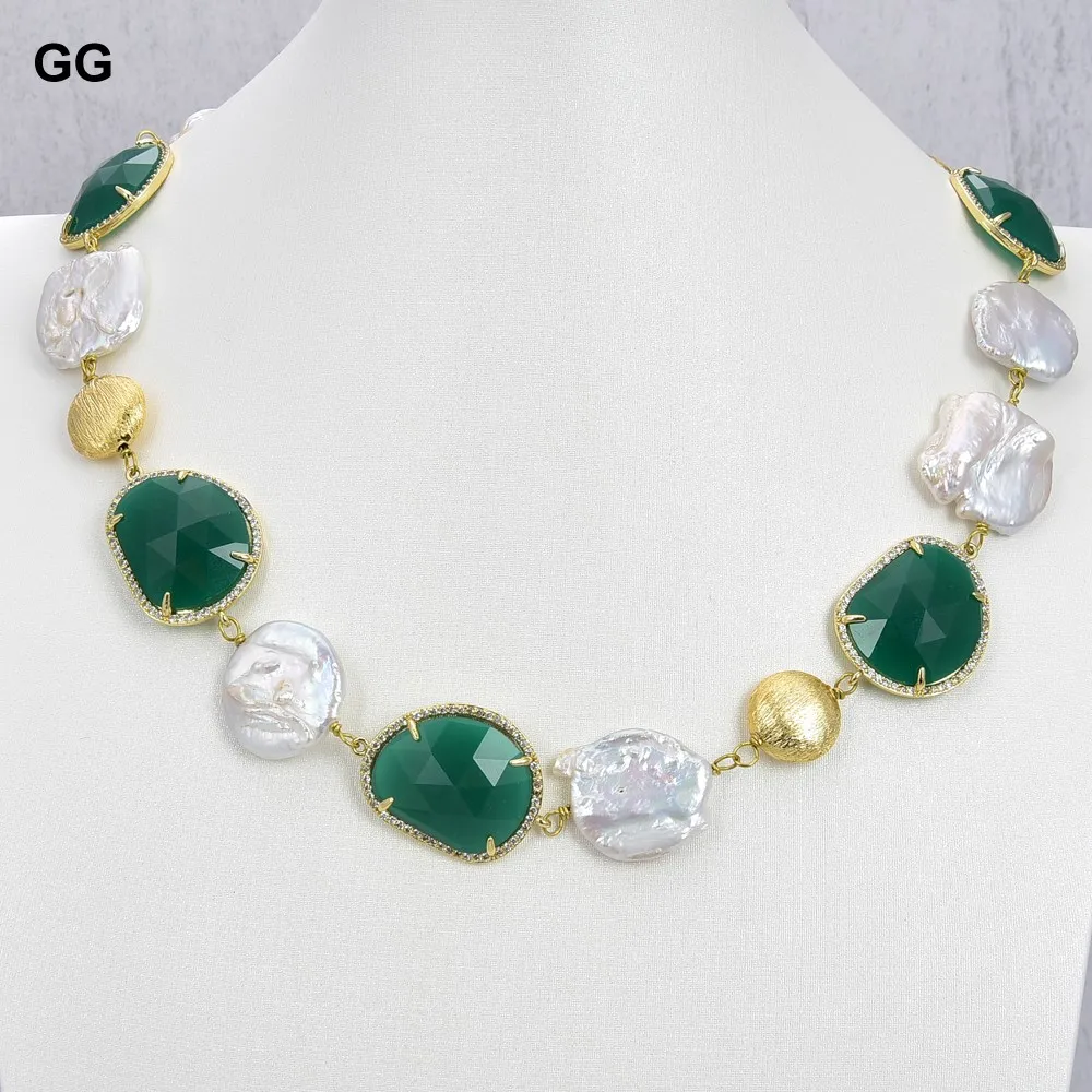 GuaiGuai Jewelry 20" White Keshi Pearl Green Crystal CZ Paved Necklace For Women | Украшения и аксессуары