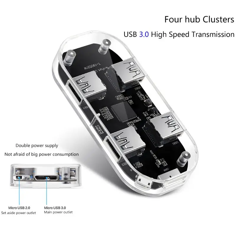 

Transparent USB HUB 4 Ports USB3.0 Hub Adapter Splitter for Laptop U Disk Cellphones