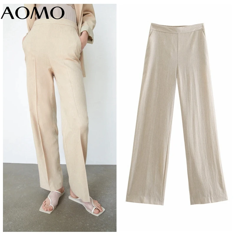 

AOMO 2021 Fashion Women Beige Suit Pants Trousers Pockets Strethy Waist Office Lady Elegant Pants Pantalon JE212A