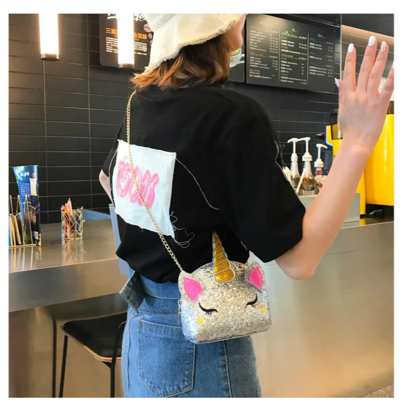 Блестящая сумка на плечо с цепочкой в виде единорога милая разноцветная мини