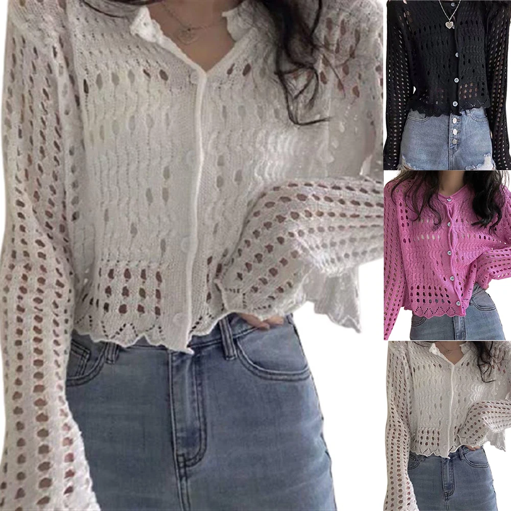 

Женский трикотажный кардиган на пуговицах, повседневный короткий однотонный джемпер с длинным рукавом